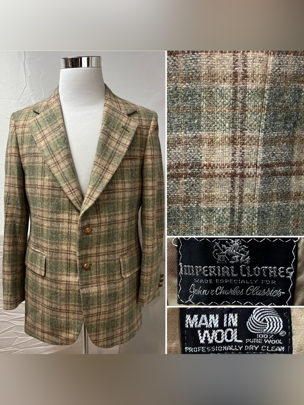 Imperial Clothes Vintage Men's 40R Tweed Tan Green Glen Plaid Wool Blazer Jacket